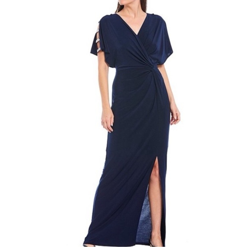 ALEX EVENINGS
Navy Knot Front Jersey Maxi Dress Front Slit Embellished Sleeve